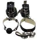 P6001B Набор BDSM : наручники , наножники , ошейник с поводком , кляп черный кожа